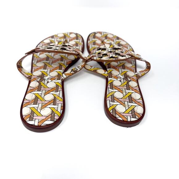 TORY BURCH Welt Pink Yellow Geometric Print Leather Miller Sandal Size 8.5 - Picture 4 of 11